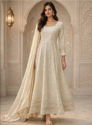 white faux blooming party wear embroidery  suit set 1