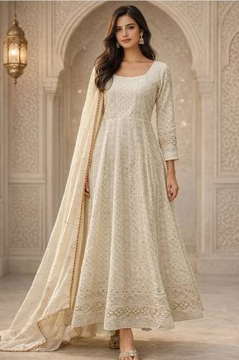 white faux blooming party wear embroidery  suit set