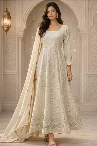 white faux blooming party wear embroidery  suit set