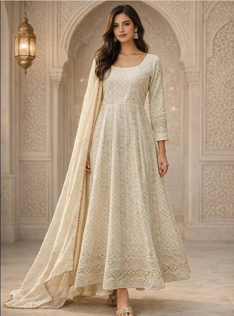 white faux blooming party wear embroidery  suit set