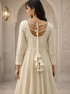 white faux blooming party wear embroidery  suit set 2