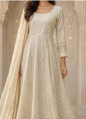 white faux blooming party wear embroidery  suit set 3