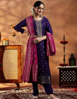 Women's art silk woven motiff kurta pant with dupatta set 1