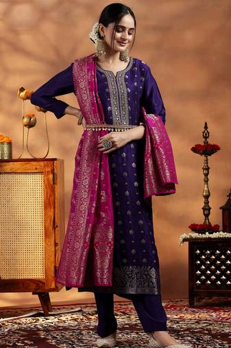 Women's art silk woven motiff kurta pant with dupatta set