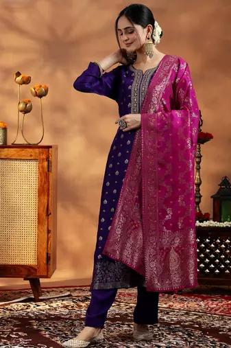 Women's art silk woven motiff kurta pant with dupatta set