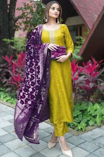 Women's art silk woven motiff kurta pant with dupatta set