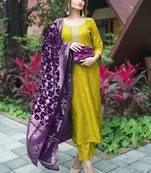 Women's art silk woven motiff kurta pant with dupatta set