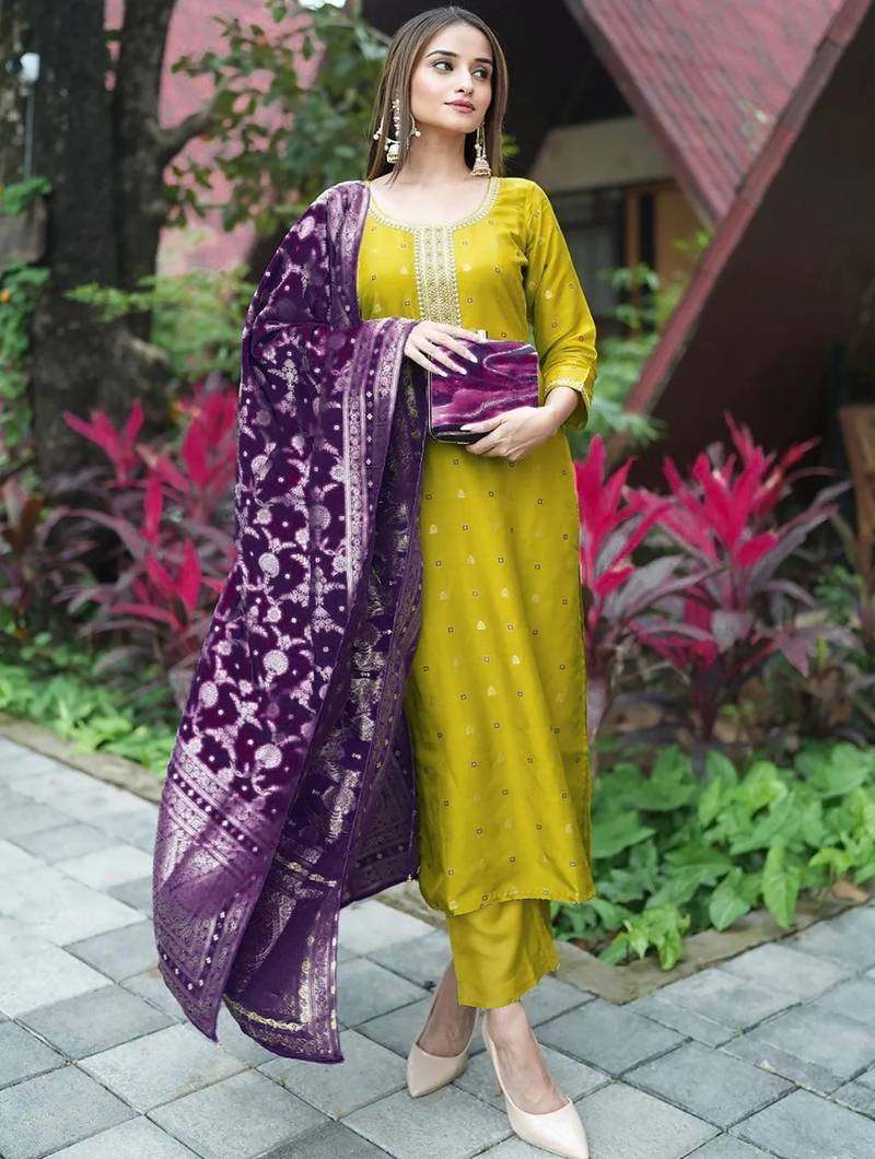 Women's art silk woven motiff kurta pant with dupatta set