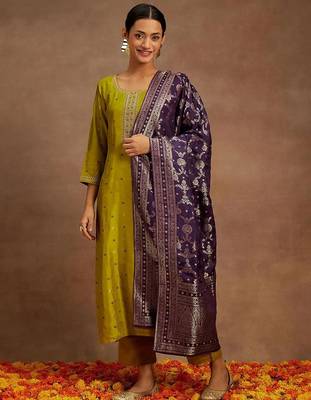 Women's art silk woven motiff kurta pant with dupatta set 2