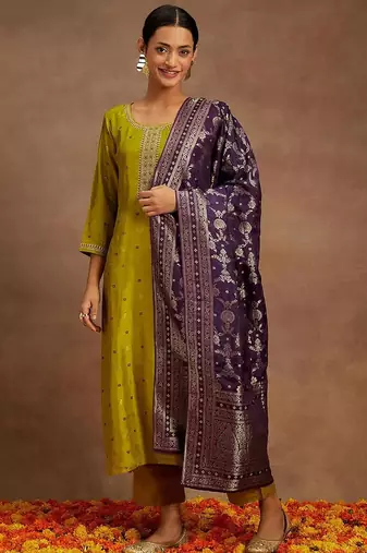 Women's art silk woven motiff kurta pant with dupatta set