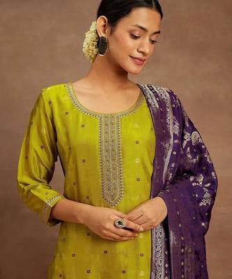 Women's art silk woven motiff kurta pant with dupatta set 5