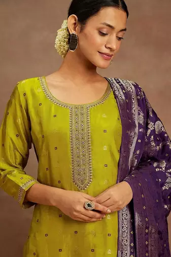 Women's art silk woven motiff kurta pant with dupatta set