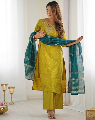 Women's art silk woven motiff kurta pant with dupatta set 1