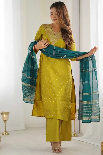 Women's art silk woven motiff kurta pant with dupatta set