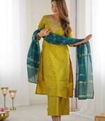 Women's art silk woven motiff kurta pant with dupatta set