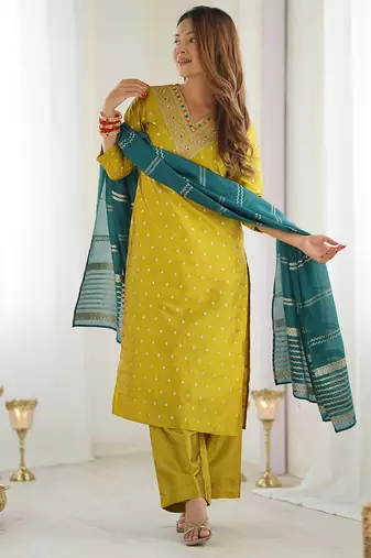 Women's art silk woven motiff kurta pant with dupatta set