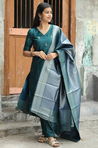 Women's art silk woven motiff kurta pant with dupatta set