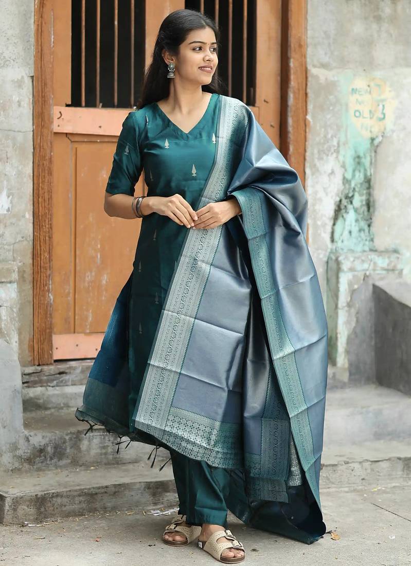 Women's art silk woven motiff kurta pant with dupatta set