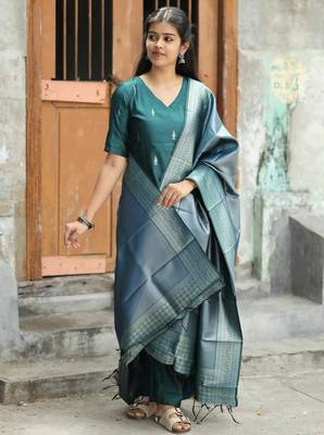 Women's art silk woven motiff kurta pant with dupatta set 2