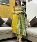 Women's cotton blend sequins embroidered kurta pant with dupatta set