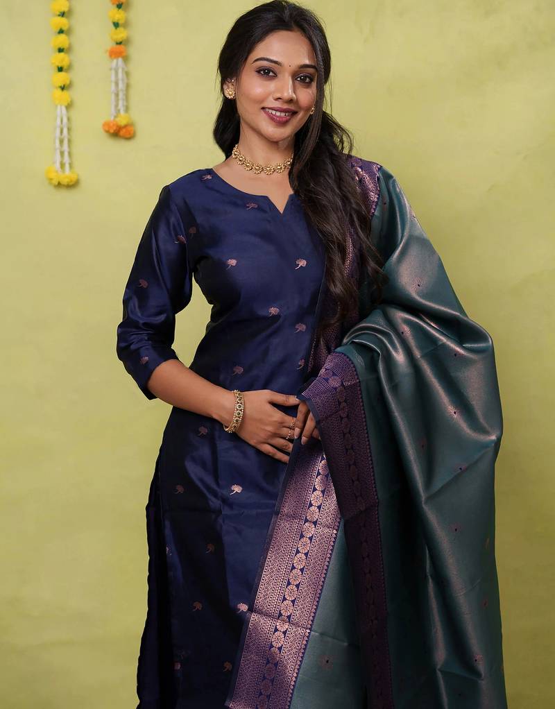 Women's art silk woven motiff kurta pant with dupatta set