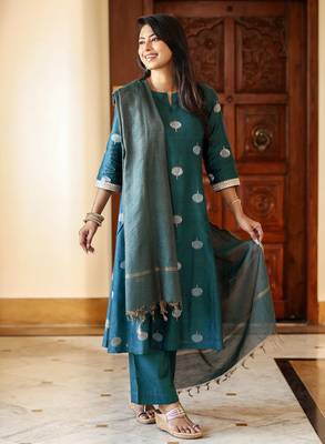 Women's art silk woven motiff kurta pant with dupatta set 1