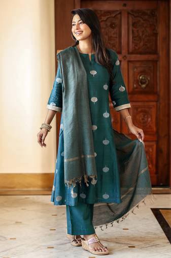 Women's art silk woven motiff kurta pant with dupatta set