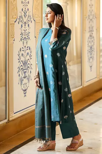 Women's art silk woven motiff kurta pant with dupatta set