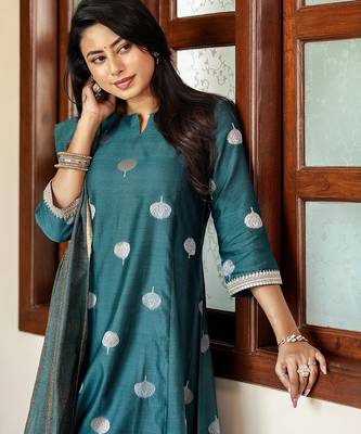 Women's art silk woven motiff kurta pant with dupatta set 4