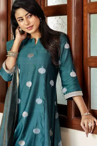 Women's art silk woven motiff kurta pant with dupatta set