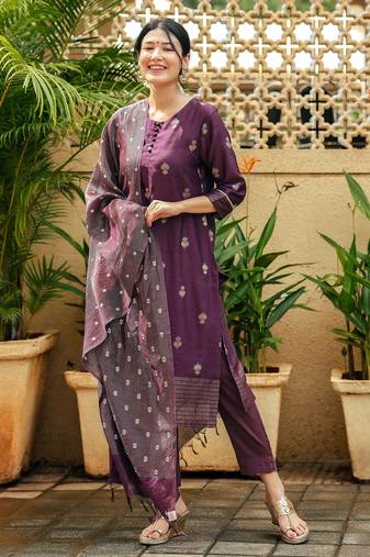 Women's art silk woven motiff kurta pant with dupatta set