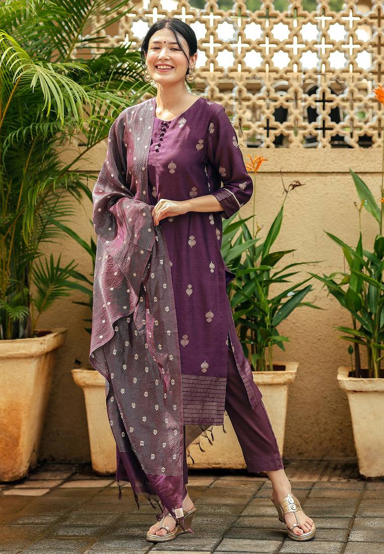 Women's art silk woven motiff kurta pant with dupatta set