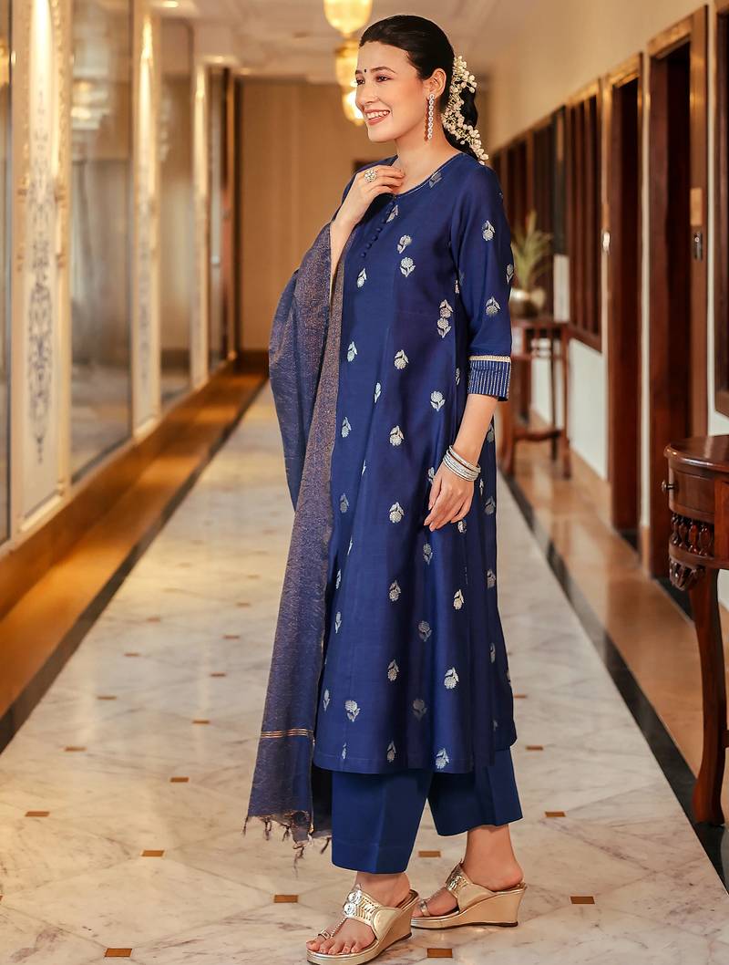 Women's art silk woven motiff kurta pant with dupatta set