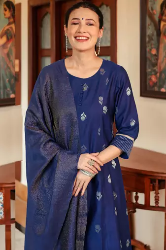 Women's art silk woven motiff kurta pant with dupatta set