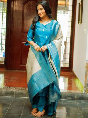 Women's art silk woven motiff kurta pant with dupatta set 1