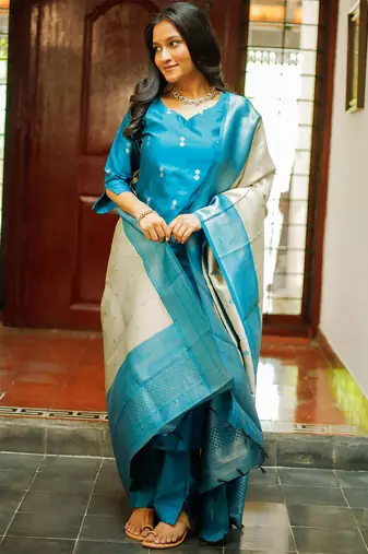 Women's art silk woven motiff kurta pant with dupatta set