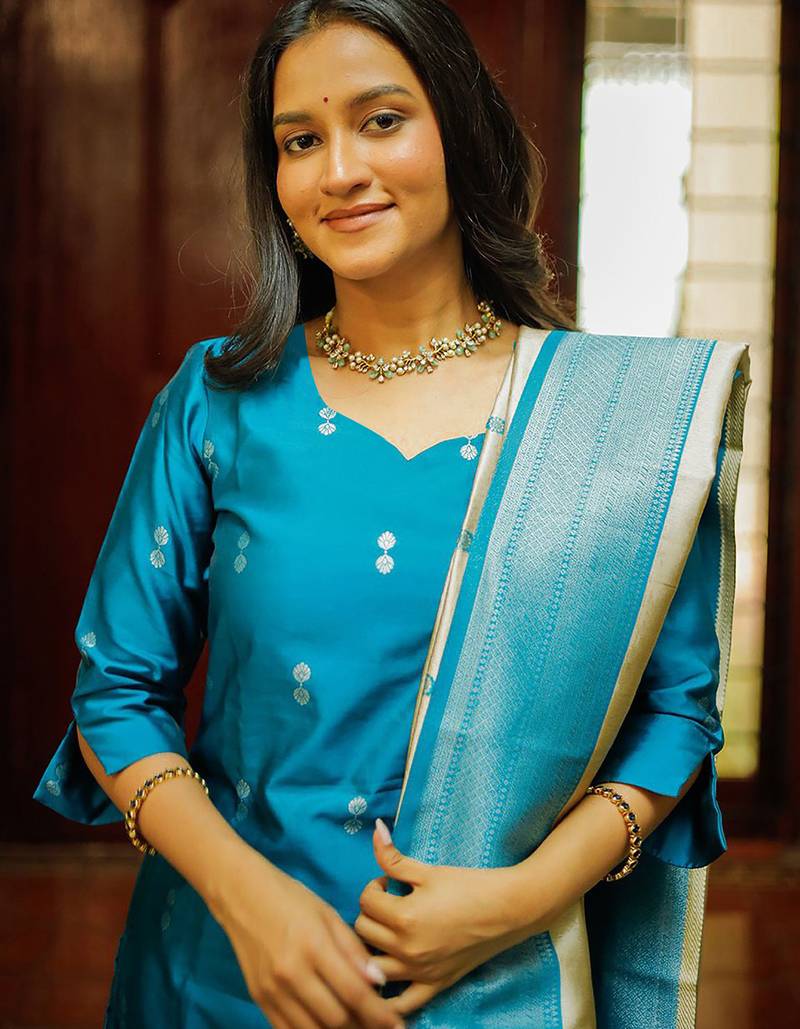 Women's art silk woven motiff kurta pant with dupatta set