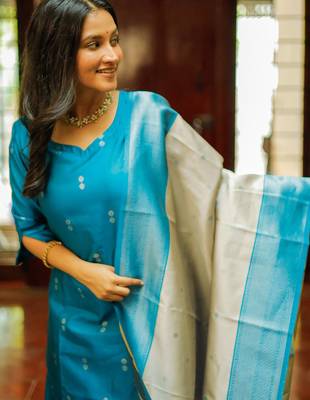 Women's art silk woven motiff kurta pant with dupatta set 3