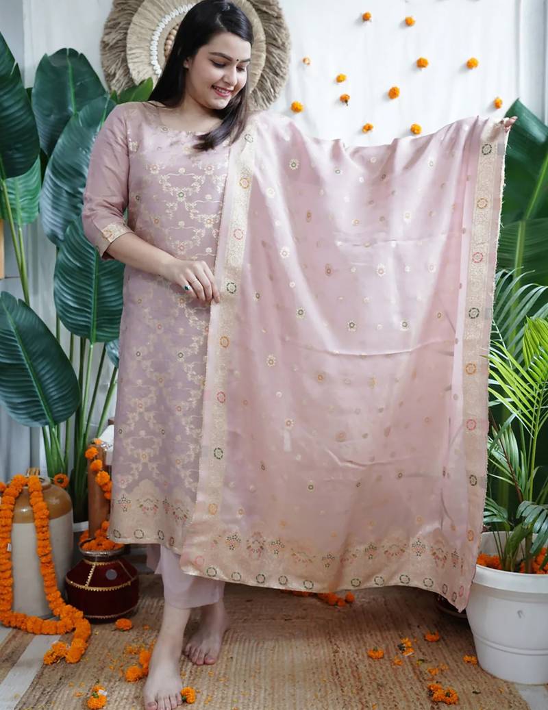 Women's art silk woven motiff kurta pant with dupatta set