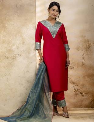 Women's embroidered silk blend kurta pant sets with dupatta 1