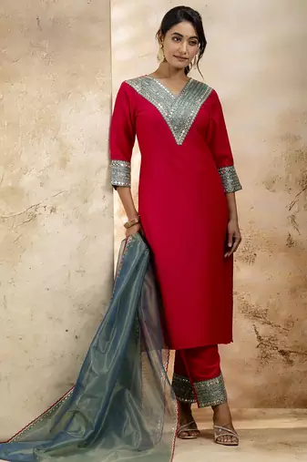 Women's embroidered silk blend kurta pant sets with dupatta