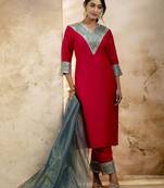 Women's embroidered silk blend kurta pant sets with dupatta