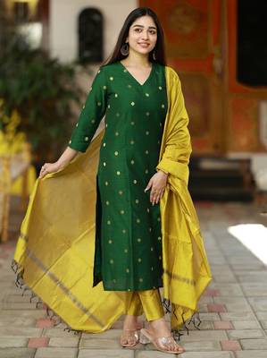 Women's art silk woven motiff kurta pant with dupatta set 1