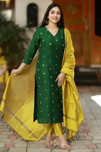 Women's art silk woven motiff kurta pant with dupatta set