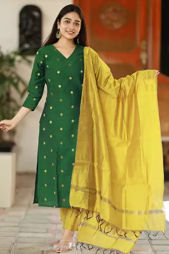 Women's art silk woven motiff kurta pant with dupatta set