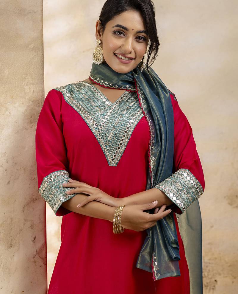 Women's embroidered silk blend kurta pant sets with dupatta