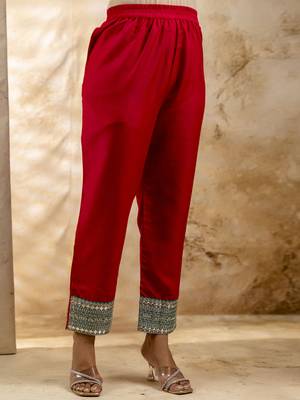 Women's embroidered silk blend kurta pant sets with dupatta 4