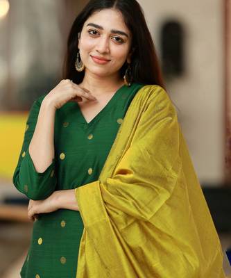 Women's art silk woven motiff kurta pant with dupatta set 4
