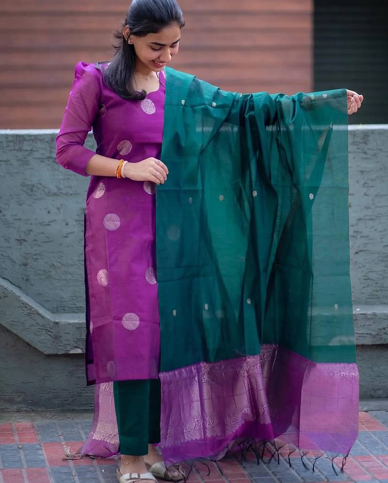 Women's art silk woven motiff kurta pant with dupatta set