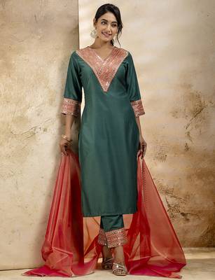 Women's embroidered silk blend kurta pant sets with dupatta 1